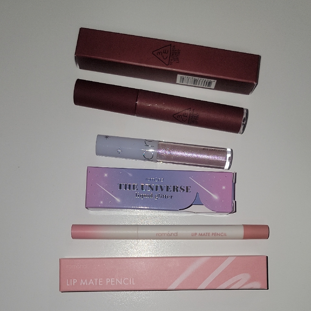 Set of 3 rom&nd Liquid Glitter, Lip Mate Pencil, 3CE Stylenanda Velvet Lip Tint